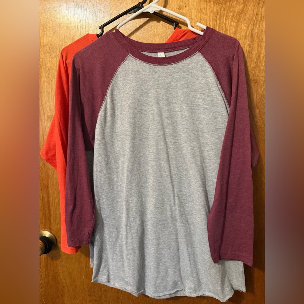 2 Heather Gray/ Burgundy and Heather Gray/ Orange Baseball Tees (Medium)